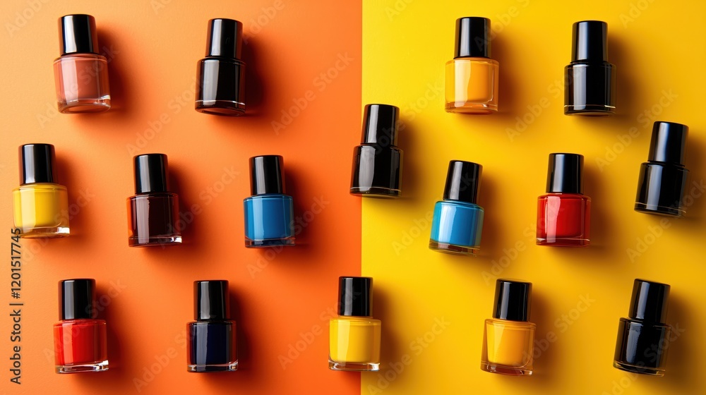Vibrant Nail Polish Bottles Arranged on Yellow and Orange Background Vibrant Nail Polish Bottles Arranged on Yellow and Orange Background
