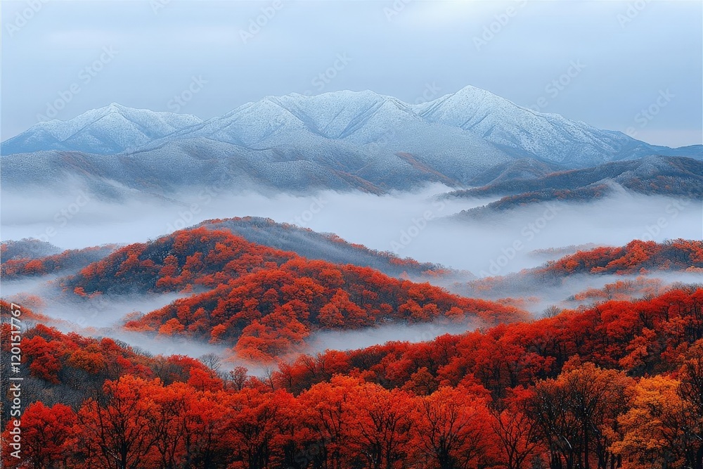 Fototapeta premium Misty Mountains in Autumn with Snow-capped Peaks