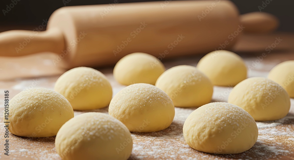 A Wooden Rolling PIN and Soft, Flour-Dusted Dough Balls on a Rustic Surface, Emphasizing Comfort Food and Culinary Art A Wooden Rolling PIN and Soft, Flour-Dusted Dough Balls on a Rustic Surface, Emphasizing Comfort Food and Culinary Art