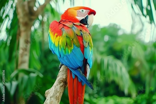 A vibrant scene of a scarlet macaw perched on a branch, its colorful feathers contrasting with green leaves.