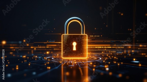 Cybersecurity concept. Futuristic digital padlock on a circuit board background. Represents data protection, online security, and digital safety