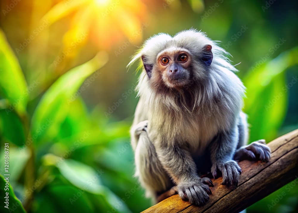 Naklejka premium Silvery Marmoset Monkey in Rainforest Habitat - Wildlife Stock Photo