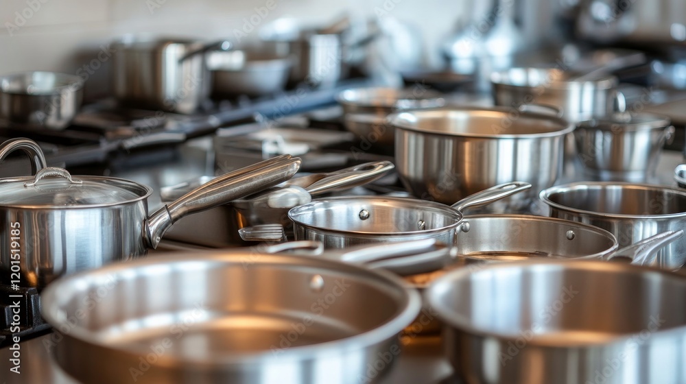 Shiny cookware and utensils arranged in a contemporary kitchen Shiny cookware and utensils arranged in a contemporary kitchen