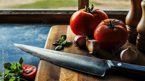 Fresh Tomatoes and Garlic with a Sharp Knife on a Wooden Cutting Board photo