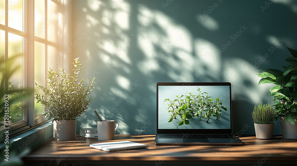 Fototapeta premium Laptop displaying plants on wooden desk in sunlit room.Preparing for planting season, shopping online.