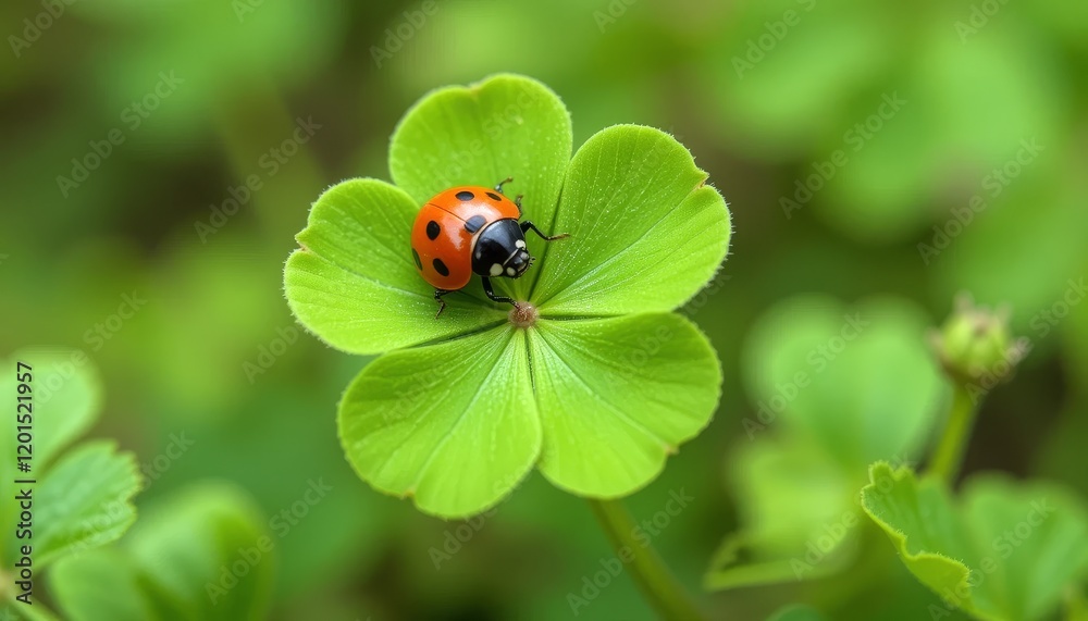 Bright Green Four-Leaf Clover with a Ladybug on Top Bright Green Four-Leaf Clover with a Ladybug on Top