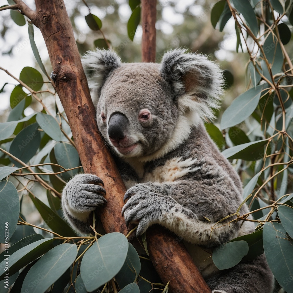 Obraz premium A koala bear sleeping on a eucalyptus branch.