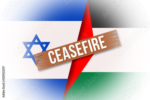 Israel and Palestine flags with ceasefire lettering on wood