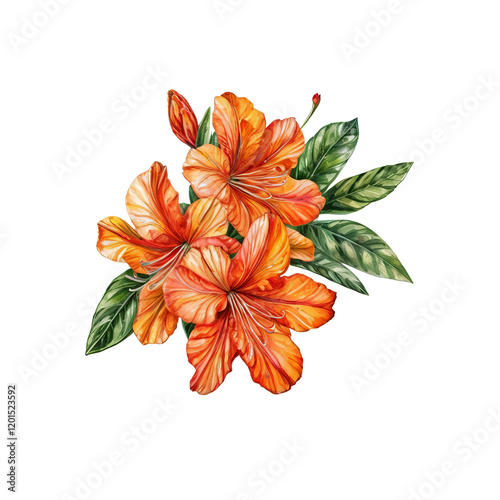 Vibrant Orange Azaleas: A watercolor painting of a cluster of  bright orange azaleas, their petals delicately rendered, accented by lush green leaves.  The composition is both elegant and lively. photo