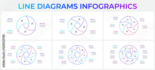 Set of line infographic circles elements and arrows. Vector diagrams with 3, 4, 5, 6, 7 and 8 options, steps or processes. Minimal business presentation