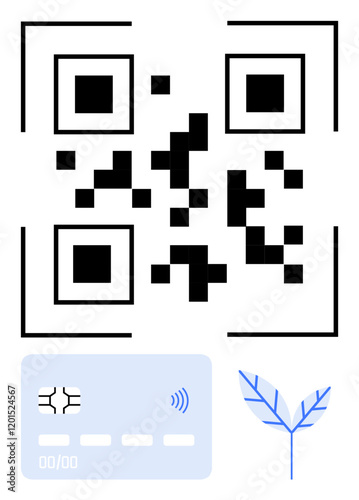 Black QR code, blue contactless credit card with chip, and blue abstract leaf. Ideal for payments, fintech, sustainability, banking, digital identity, technology abstract line flat metaphor
