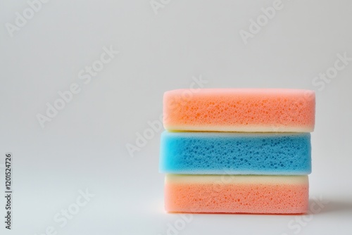 Colorful Kitchen Sponges Stacked on Clean White Background with Ample Copy Space for Home Cleaning and Household Needs