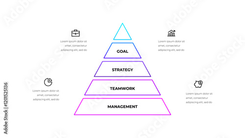 Outline pyramid diagram divided into five segments. Concept of 4 steps of business development progress. Minimal infographic design template. Modern flat vector illustration for presentation, report
