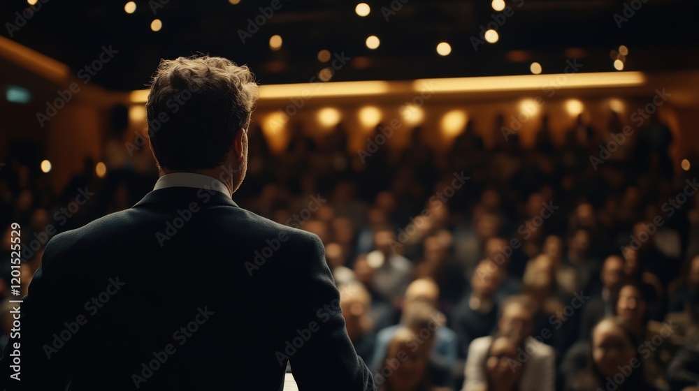 Business and entrepreneurship symposium. Speaker giving a talk at business meeting. Audience in conference hall. Rear view of unrecognized participant in audience., Generative AI Business and entrepreneurship symposium. Speaker giving a talk at business meeting. Audience in conference hall. Rear view of unrecognized participant in audience., Generative AI
