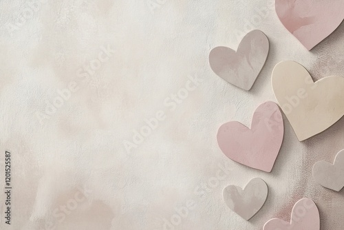 Abstract heart shapes in soft beige, blush pink, and light gray create a minimalist aesthetic on a smooth, light background, providing ample clean space for text overlays