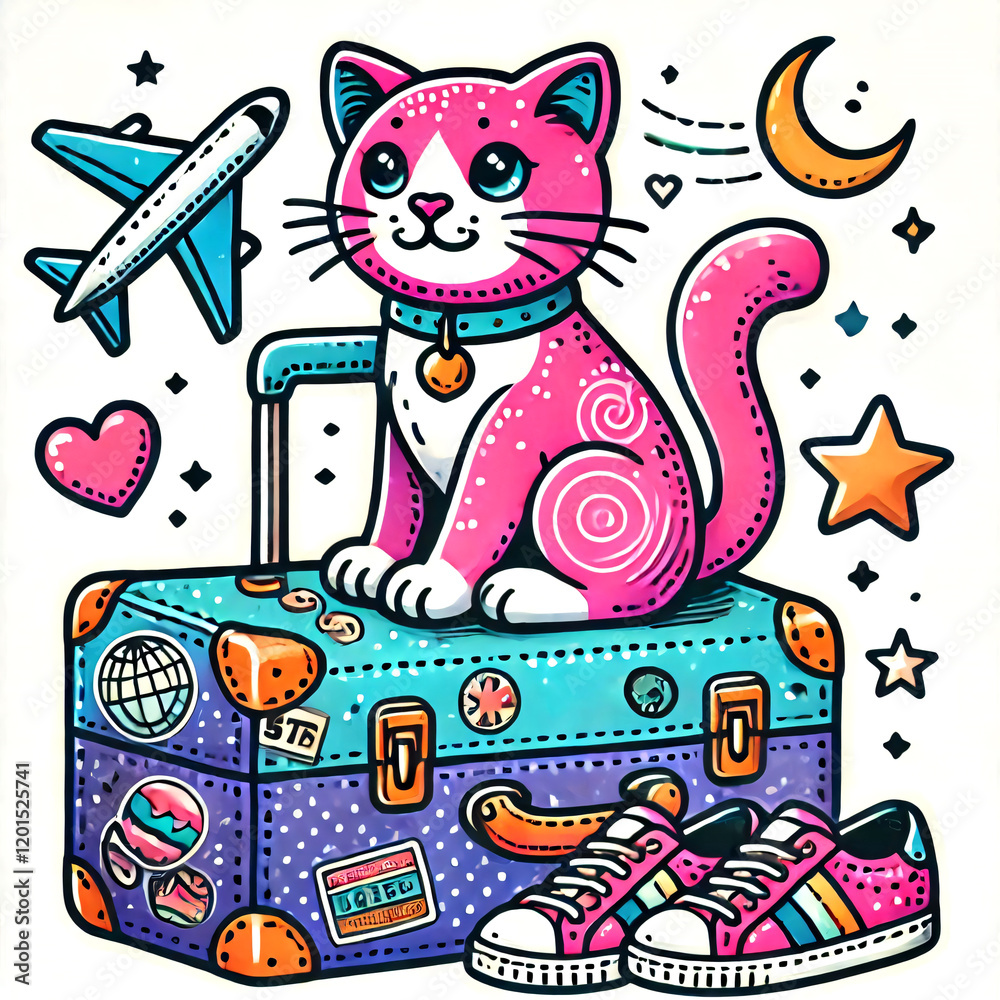 Obraz premium Trendy Cat in Neon Attire with Luggage for Elite Luxury Travel Campaign