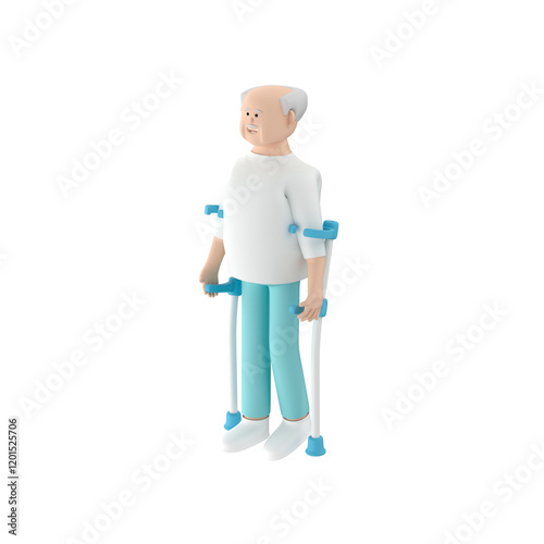Aged male character walking using forearm crutches, 3d render