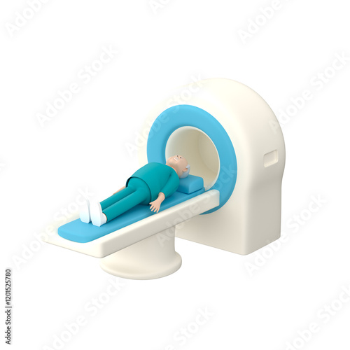 Senior male character with grey hair lying on a patient table at MRI scanner, 3d render