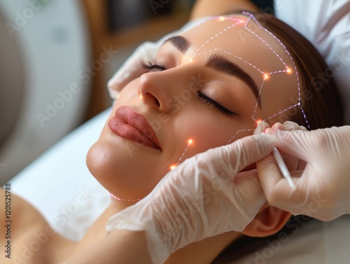 Woman receiving a non-surgical facelift with PDO threads