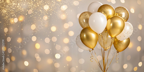 A Beautiful Display of Gold and White Balloons with Sparkling Effects for Festive Occasions