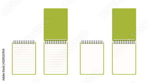 A set of notepads with ruled and blank white pages. Unfolded notepad with green cover and folded Vector illustration of a spiral notebook. Isolated