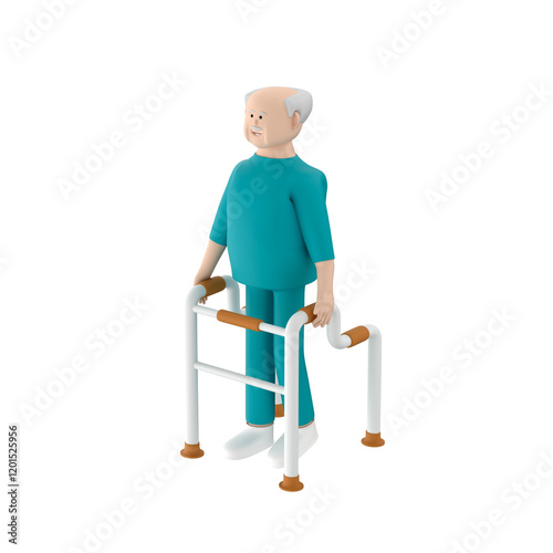 Senior man character in patient clothes walking using an uplift walker, 3d illustration