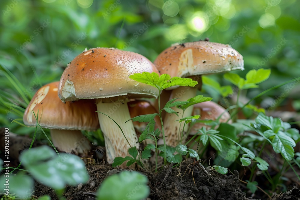 Mushrooms with brown caps and white stems grow among green plants on the forest floor Mushrooms with brown caps and white stems grow among green plants on the forest floor