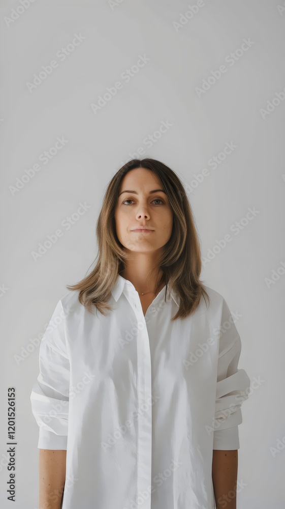 35-Year-Old Woman with Medium Brown Hair Wearing White Shirt, Minimalist White Backdrop 35-Year-Old Woman with Medium Brown Hair Wearing White Shirt, Minimalist White Backdrop