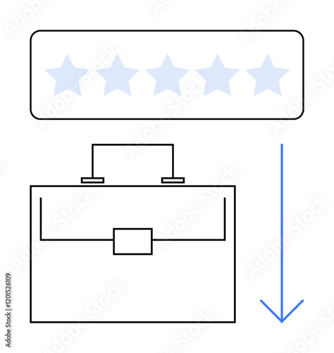 Five-star rating system above a business briefcase connected by a blue downward arrow. Ideal for career success, customer feedback, job performance, quality assurance, professional growth