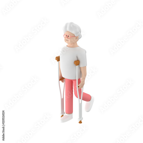 Old woman character walking using underarm crutches, 3d illustration