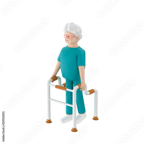 Old woman character in patient clothes walking using an uplift walker, 3d render