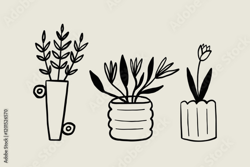 Set Decorative Sketch Flower Pot. Whimsical Black Line Collection Different Pottery Clay Decor. Vector Hand Drawn Style