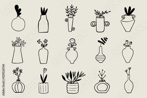 Set Sketch Vase with Flower and Plant. Whimsical Black Line Collection Different Pottery Clay Pot. Vector Hand Drawn Illustration
