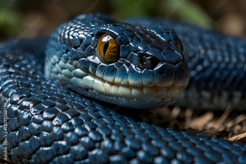 Fototapeta premium an intense closeup of a blue viper snake's face, focusing on its textured skin and sharp features.