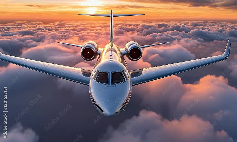 A private jet soaring above vibrant clouds during sunset, showcasing a serene travel experience