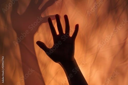 Silhouette of a hand reaching out with a menacing shadow looming behind it, creating a suspenseful and eerie atmosphere