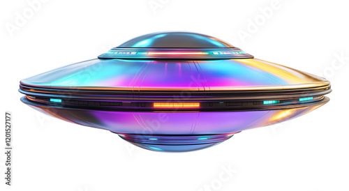 ufo on transparent background, colorful metallic alien flying saucer vehicle, cutout png