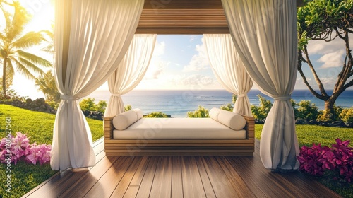A luxurious outdoor cabana with flowing curtains, a daybed, and ocean views in the background