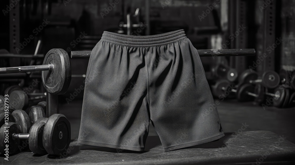 Naklejka premium A pair of athletic mesh shorts draped over a gym bench with weights nearby