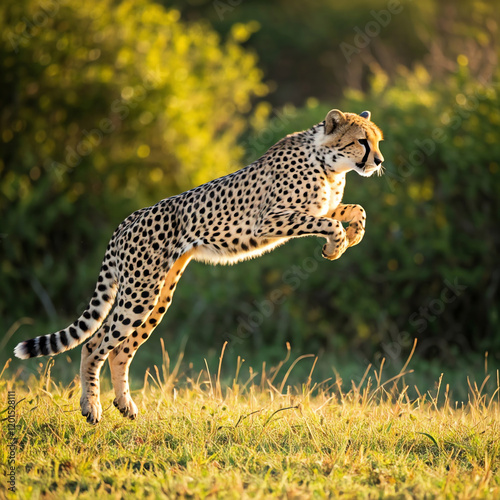 jumping cheetah in the grass of the jungle