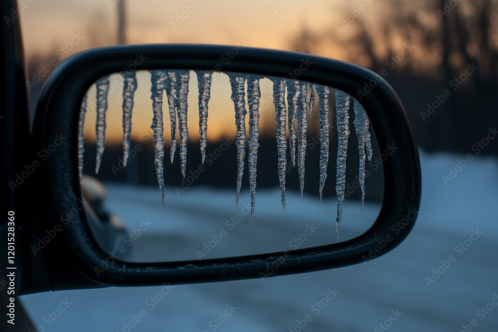 Winter Icicles Reflected in Car Side Mirror at Sunset Winter Icicles Reflected in Car Side Mirror at Sunset