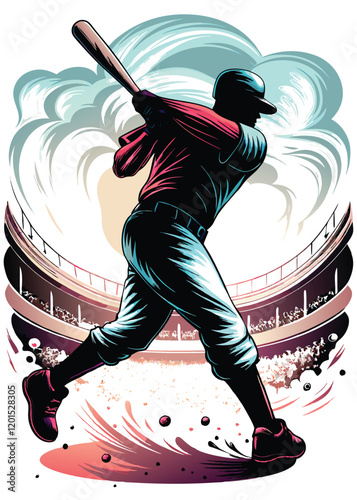 A powerful baseball player frozen in mid-swing, the bat poised to connect, against the backdrop of a dramatic, packed stadium bathed in sunlight.