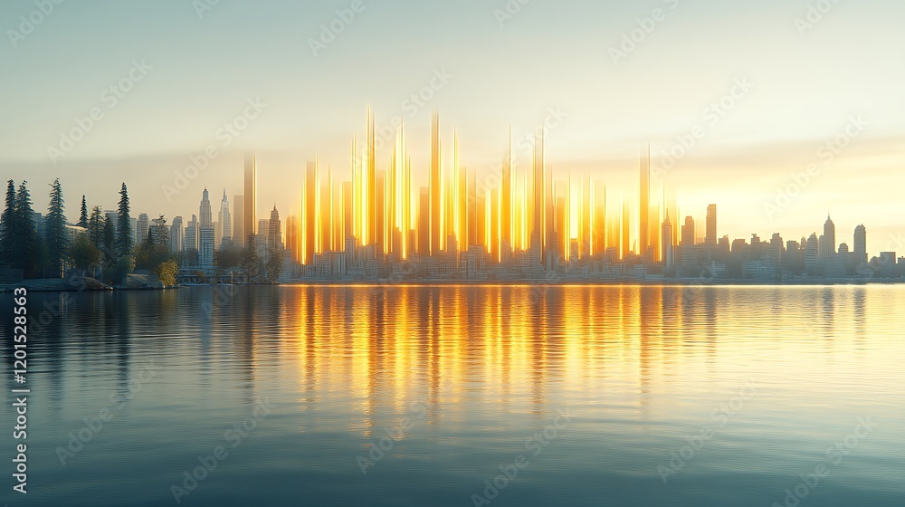 Golden City Skyline Reflected in Calm Water at Sunrise