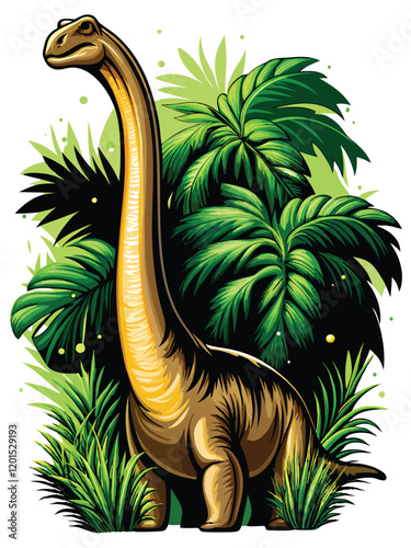 A majestic brontosaurus gracefully reaches its long neck to pluck leaves from a towering palm tree, its massive body casting a long shadow on the lush, prehistoric landscape.