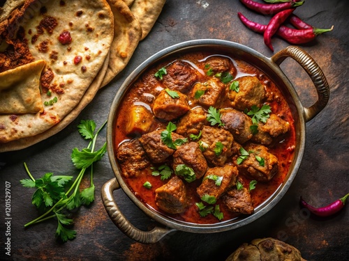 Spicy Jodhpuri Laal Gosht & Beef Karahi with Roti & Kulcha - Indian Fast Food photo