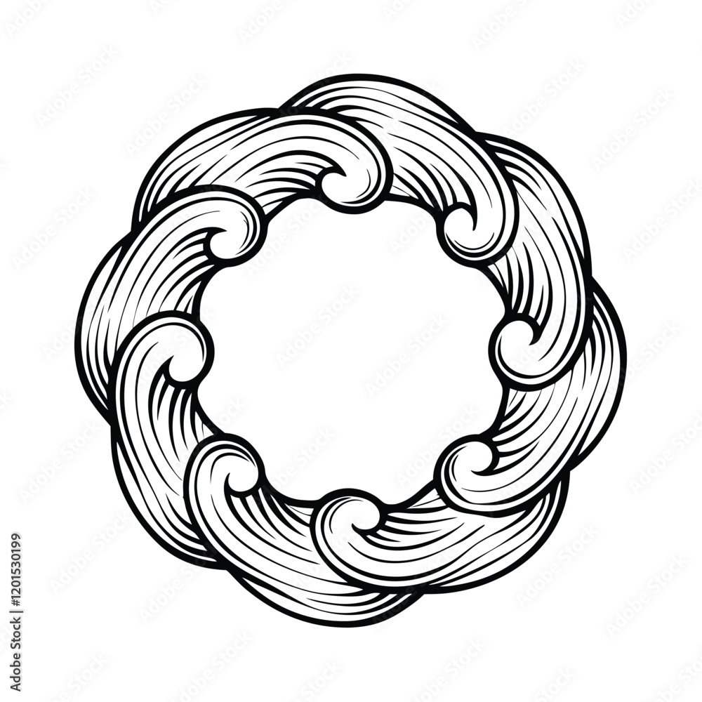 A dynamic circular wave design with overlapping, intertwining curves creating a sense of movement and energy. A dynamic circular wave design with overlapping, intertwining curves creating a sense of movement and energy.