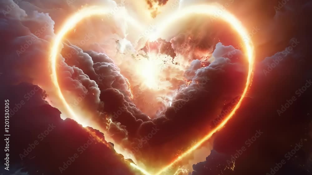 A breathtaking display unfolds as vibrant colors fill the sky, forming a heart amidst powerful clouds. This moment captivates with its cosmic beauty and emotional depth, blending light and shadow.