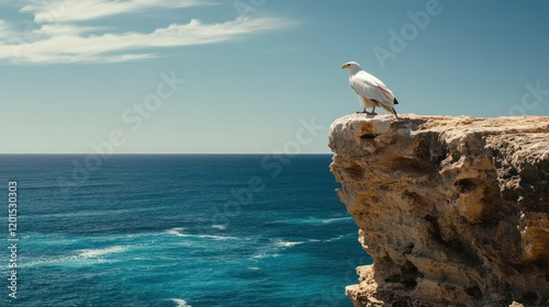 White eagle perched on coastal cliff overlooking ocean.
