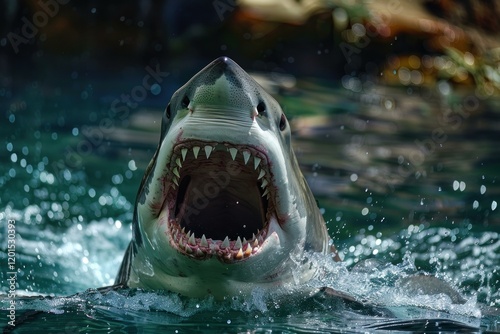 Great white shark showing its teeth while opening its jaws and emerging from water