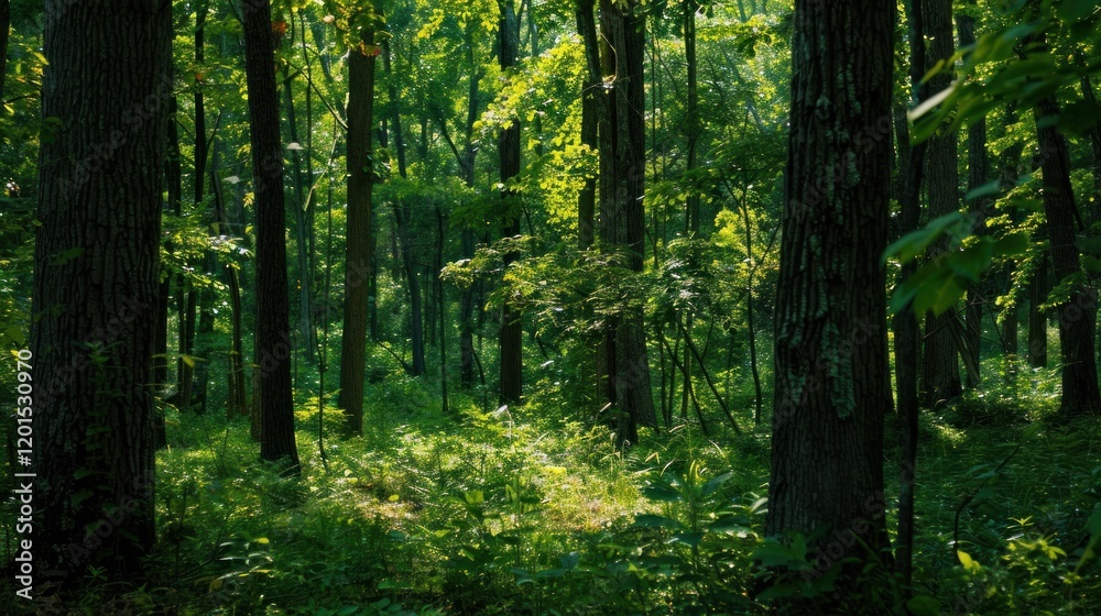 Fototapeta premium Sunlit Forest Path, Lush Green Canopy, Nature Background, Hiking